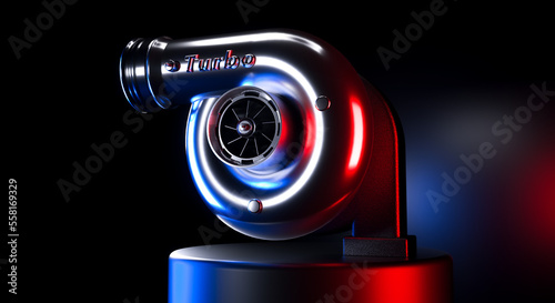 Turbocharger separate on dark red blue background 3D rendering