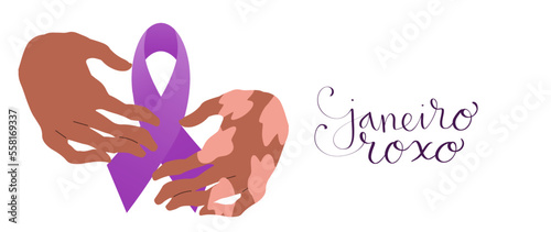 Purple January in portuguese Janeiro Roxo, Brazil campaign for hansen disease awareness banner. Handwritten calligraphy lettering. Human hand with white patches on skin illustration vector