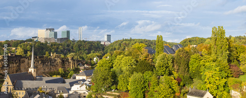 Luxembourg stadt, Luxembourg - Ocotber 1, 2022: Cityscape of Grund arrea with European destrict Kirchberg in background in Luxembourg city in Luxembourg photo