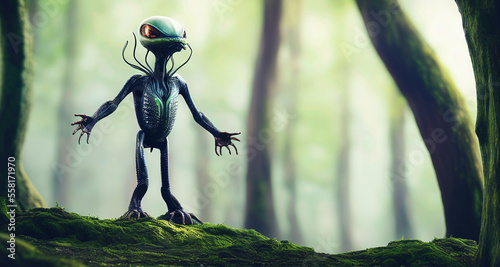 full body view of standing extraterrestrial alien with copper black eyes small lips and very detailed amphibious wet blue green skin looking to side with outstretched arms in forest as background, gen