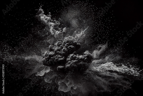 black and white smoke explosion on a black background, generative ai