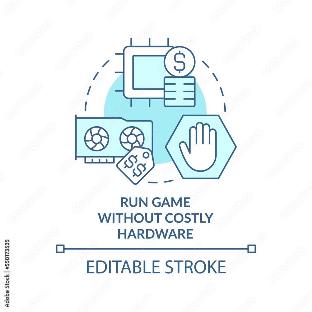 Run game without costly hardware turquoise concept icon. Saving money abstract idea thin line illustration. Isolated outline drawing. Editable stroke. Arial, Myriad Pro-Bold fonts used Run game without costly hardware turquoise concept icon. Saving money abstract idea thin line illustration. Isolated outline drawing. Editable stroke. Arial, Myriad Pro-Bold fonts used
