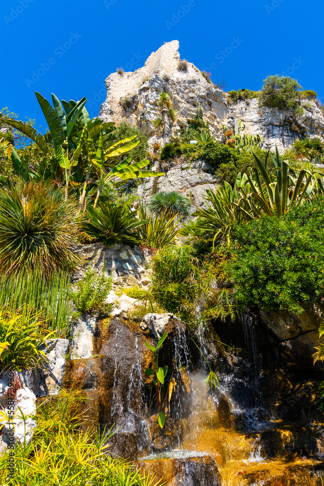 Exotic Botanic Garden Le Jardin de Exotique on top of medieval fortress castle hill in historic town of Eze at Azure Cost of Mediterranean Sea in France