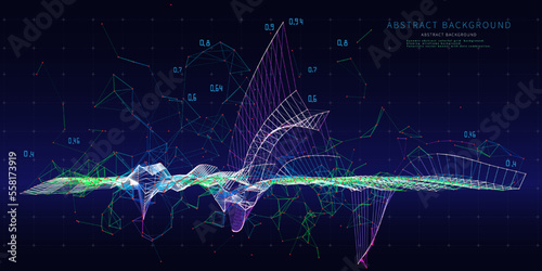 Abstract background contain wireframe graph in chaotic tangle data on dark. Big Data. Technology polygonal concept in virtual space.  Banner for business, science and technology,representation.