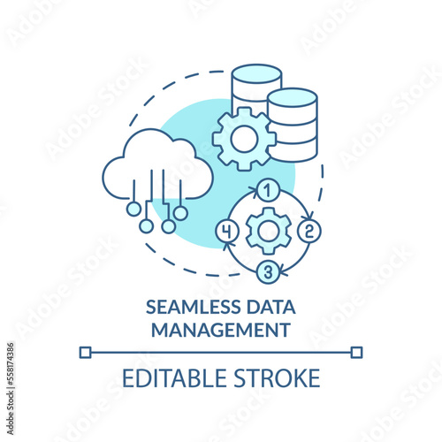 Seamless data management turquoise concept icon. AI in information governance abstract idea thin line illustration. Isolated outline drawing. Editable stroke. Arial, Myriad Pro-Bold fonts used