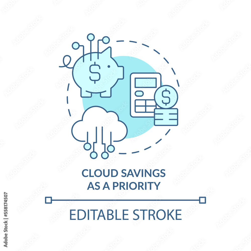 Cloud savings as priority turquoise concept icon. Storage computing trends abstract idea thin line illustration. Isolated outline drawing. Editable stroke. Arial, Myriad Pro-Bold fonts used Cloud savings as priority turquoise concept icon. Storage computing trends abstract idea thin line illustration. Isolated outline drawing. Editable stroke. Arial, Myriad Pro-Bold fonts used