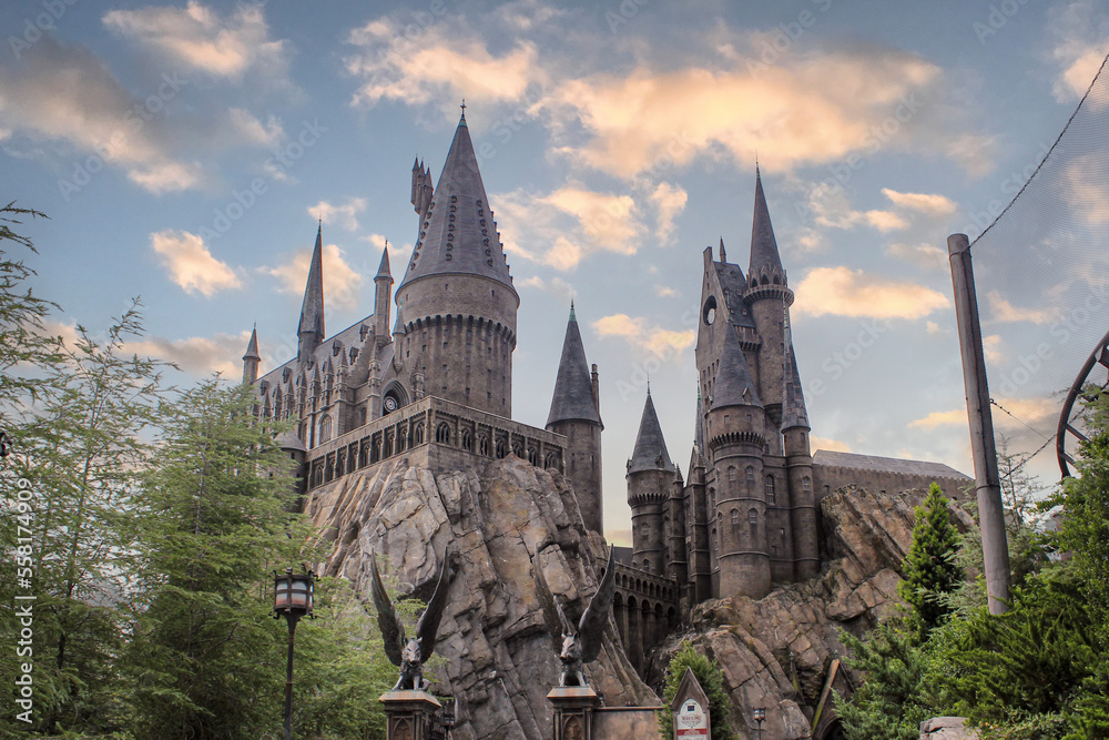 Fototapeta premium Orlando, FL, USA - August 16, 2016: Hogwarts Castle viewed from Hogsmeade in Universal Park and Resorts.