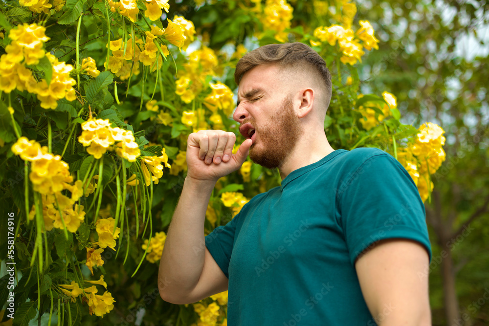 Portrait of handsome young allergic man is suffering from pollen allergy or cold on natural flowers, flowering tree background at spring or sunny summer day, sneezes, blowing his runny nose rubs eyes Portrait of handsome young allergic man is suffering from pollen allergy or cold on natural flowers, flowering tree background at spring or sunny summer day, sneezes, blowing his runny nose rubs eyes