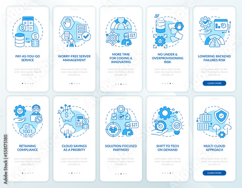 Cloud computing innovations blue onboarding mobile app screen set. Walkthrough 5 steps editable graphic instructions with linear concepts. UI, UX, GUI template. Myriad Pro-Bold, Regular fonts used