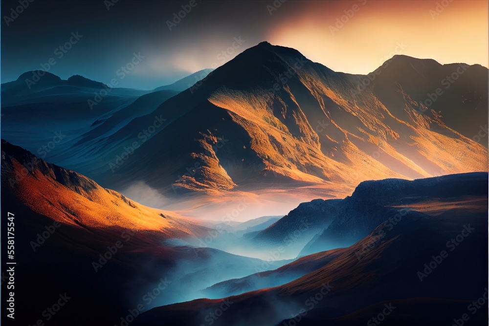 sunset over the mountains with fog