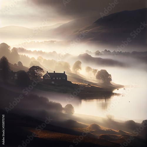 fog over a forest with mountains in the background photo