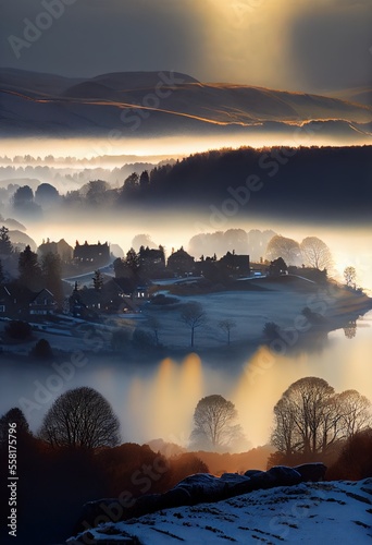 sunrise over the river with fog and tree silhouettes photo