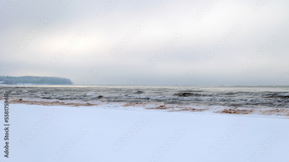 winter landscape, seashore, cloudy, foggy winter afternoon, blurred background winter landscape, seashore, cloudy, foggy winter afternoon, blurred background