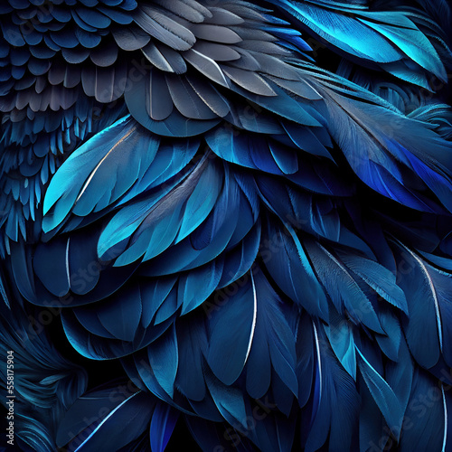blue feathers close-up background. Generative Ai