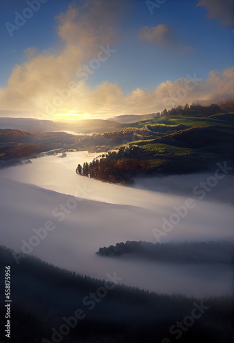 sunrise over a big river with trees and fog