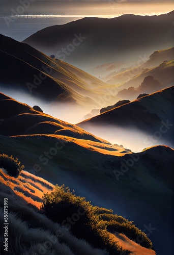 sunrise over the mountains with a ravine with fog photo