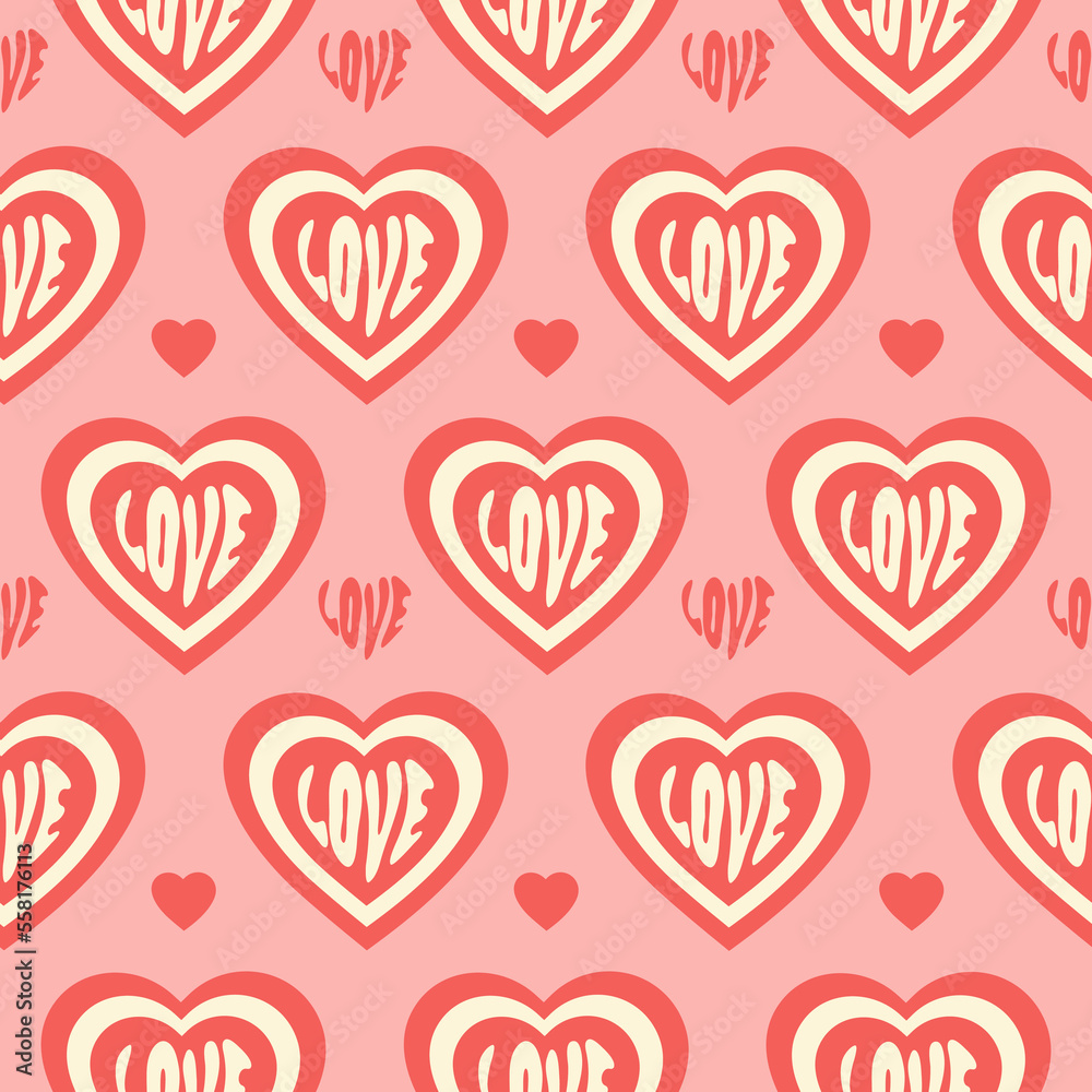 Retro groovy hearts seamless pattern. Romantic print for Valentine's day decoration in style 60s, 70s. Trendy vector illustration. Pastel colors
