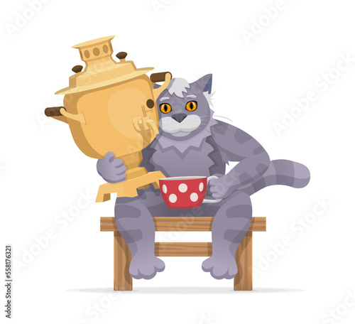 A gray cat with a samovar and a red cup is sitting on a chair. Vector illustration depicting an animal. 