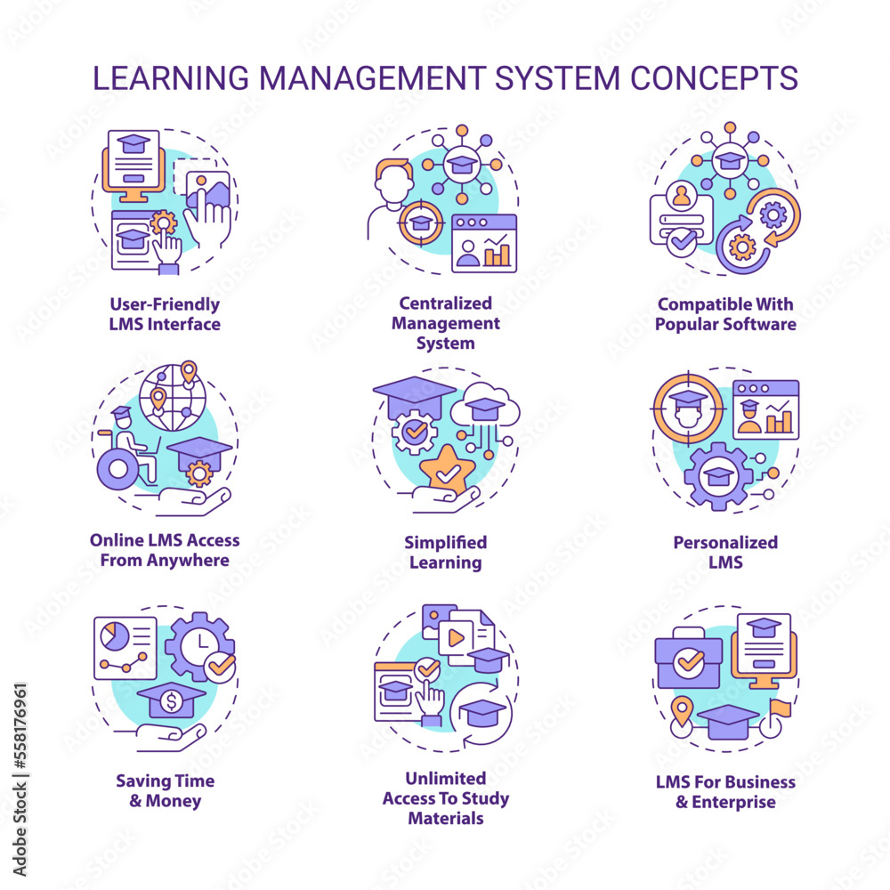Learning management system concept icons set. Software application for studying idea thin line color illustrations. Isolated symbols. Editable stroke. Roboto-Medium, Myriad Pro-Bold fonts used Learning management system concept icons set. Software application for studying idea thin line color illustrations. Isolated symbols. Editable stroke. Roboto-Medium, Myriad Pro-Bold fonts used