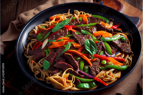 Asian stir fried noodles with beef peppers and onions. Generative AI