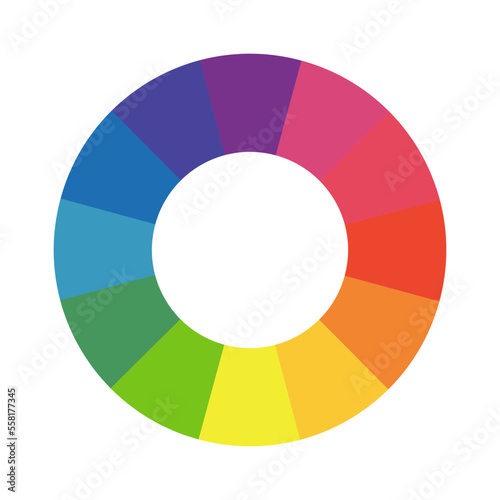 Multicolored wheel. Color circle guide. Pie chart diagram. Infographic element round shape. Color theory. Color wheel palette template for art school. Twelve part color system.