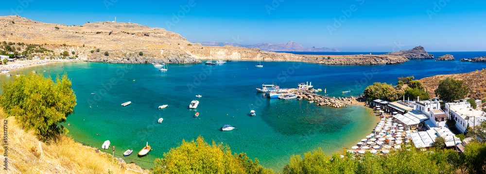 blue bay in Lindos on Rhodes island in Greece