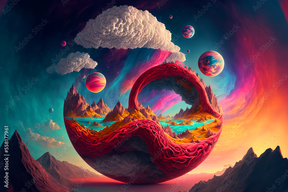 fantastical planet with swirling clouds and colorful landscapes. Generative AI