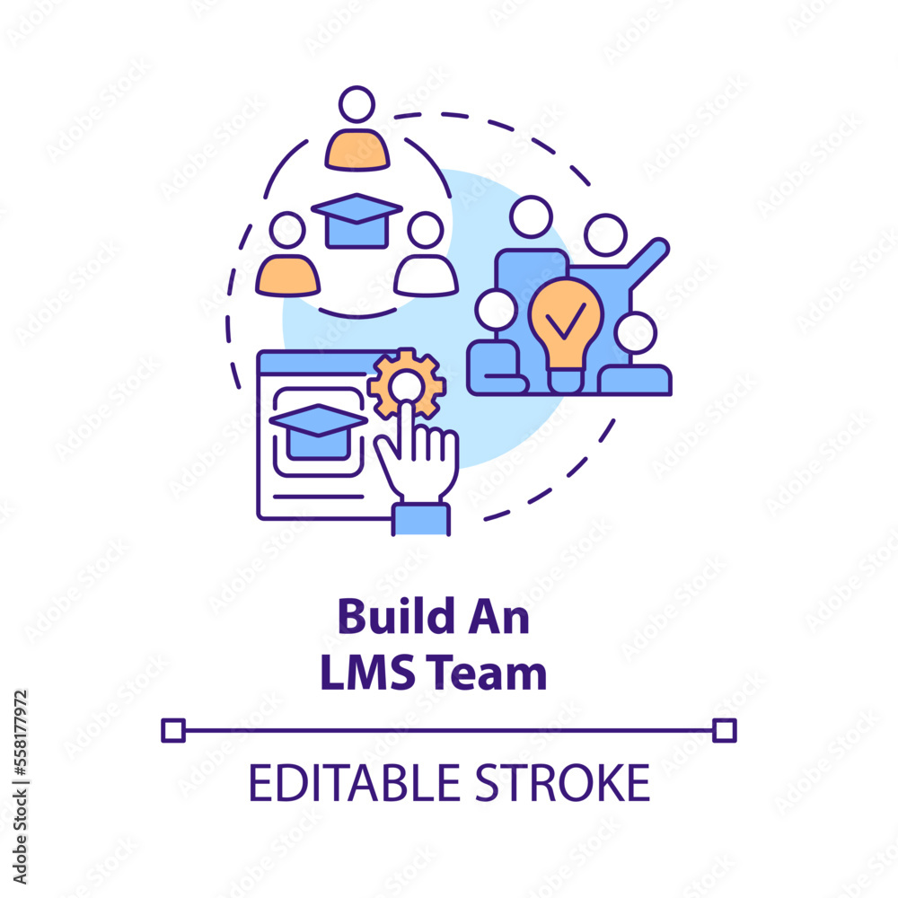 Build LMS team concept icon. Launching school learning management system abstract idea thin line illustration. Isolated outline drawing. Editable stroke. Arial, Myriad Pro-Bold fonts used Build LMS team concept icon. Launching school learning management system abstract idea thin line illustration. Isolated outline drawing. Editable stroke. Arial, Myriad Pro-Bold fonts used