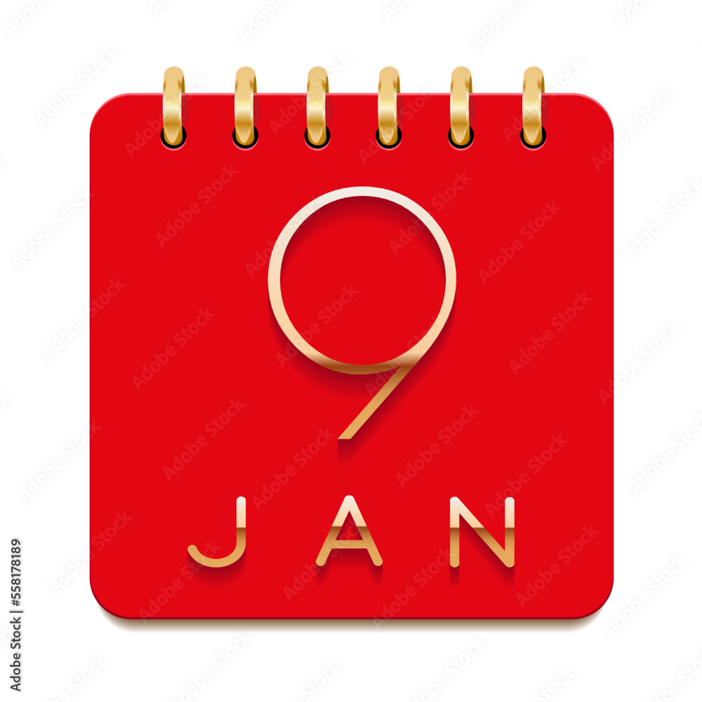 9 day of the month. January. Luxury calendar daily icon. Date day week Sunday, Monday, Tuesday, Wednesday, Thursday, Friday, Saturday. Gold text. Red paper. Vector illustration. 9 day of the month. January. Luxury calendar daily icon. Date day week Sunday, Monday, Tuesday, Wednesday, Thursday, Friday, Saturday. Gold text. Red paper. Vector illustration.