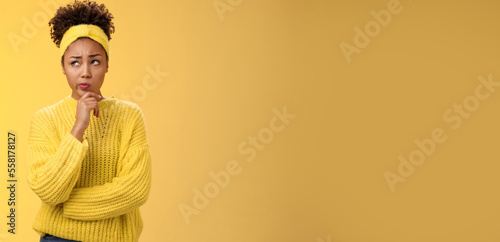 Unsure hesitant worried cute african-american girl face tough decision look up thoughtful make plan thinking how act right touch chin, make assumption standing concerned yellow background