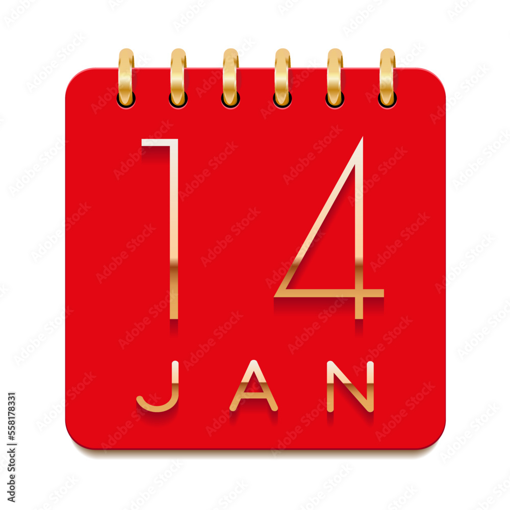 14 day of the month. January. Luxury calendar daily icon. Date day week Sunday, Monday, Tuesday, Wednesday, Thursday, Friday, Saturday. Gold text. Red paper. Vector illustration. 14 day of the month. January. Luxury calendar daily icon. Date day week Sunday, Monday, Tuesday, Wednesday, Thursday, Friday, Saturday. Gold text. Red paper. Vector illustration.