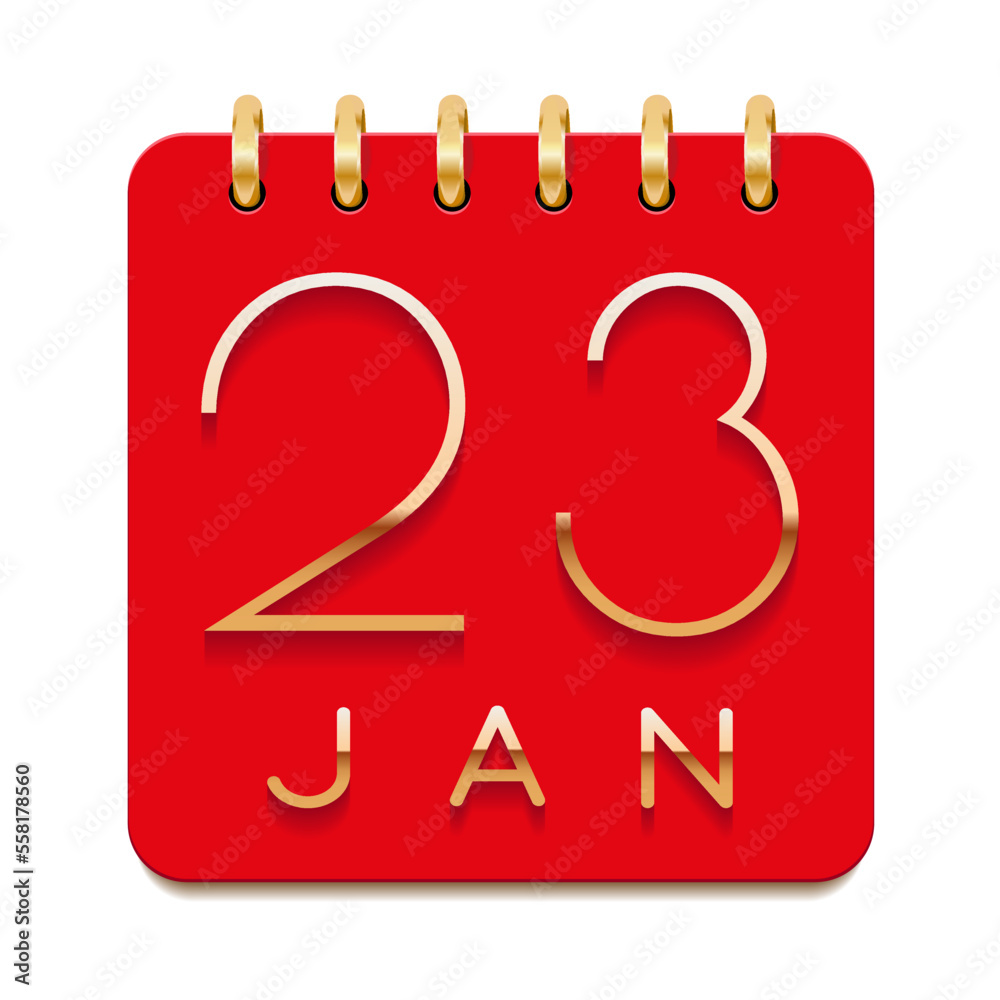 23 day of the month. January. Luxury calendar daily icon. Date day week Sunday, Monday, Tuesday, Wednesday, Thursday, Friday, Saturday. Gold text. Red paper. Vector illustration. 23 day of the month. January. Luxury calendar daily icon. Date day week Sunday, Monday, Tuesday, Wednesday, Thursday, Friday, Saturday. Gold text. Red paper. Vector illustration.