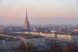Turin city centre with the landmark Mole Antonelliana at sunset, Piedmont, Italy