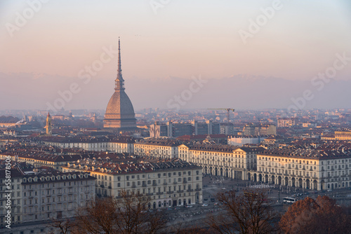 Turin city centre with the landmark Mole Antonelliana at sunset, Piedmont, Italy