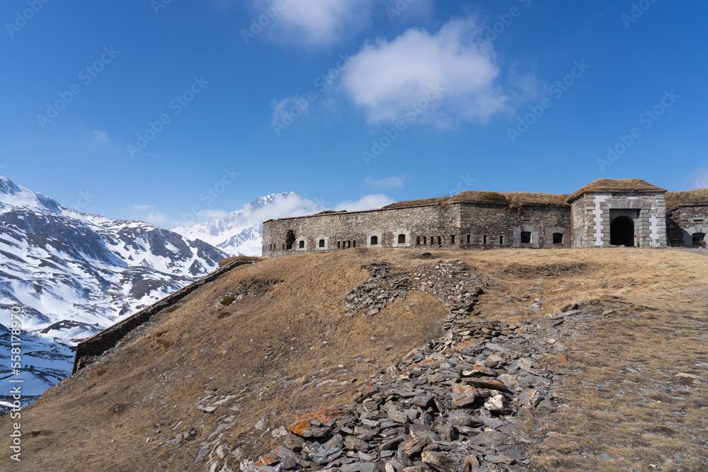 Old ancient historical fort ruins in stone in the Alps mountains, Mont Cenis (Moncenisio)