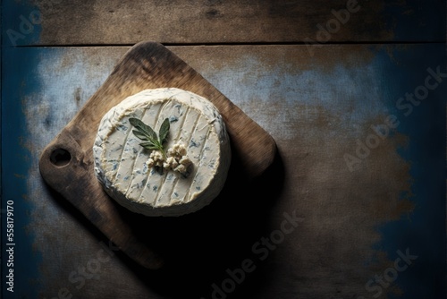 a piece of cheese on a wooden cutting board with a sprig of leaves on top of the cheese on the board is on a blue background of a wooden surface with a blue tint., generative ai photo