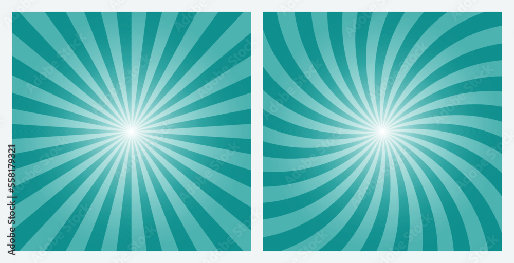 Fototapeta premium Blue sunburst background set. Dark cyan retro style gray color radial and spiral sunbeam rays background, pattern, wallpaper. Vector Illustrations.