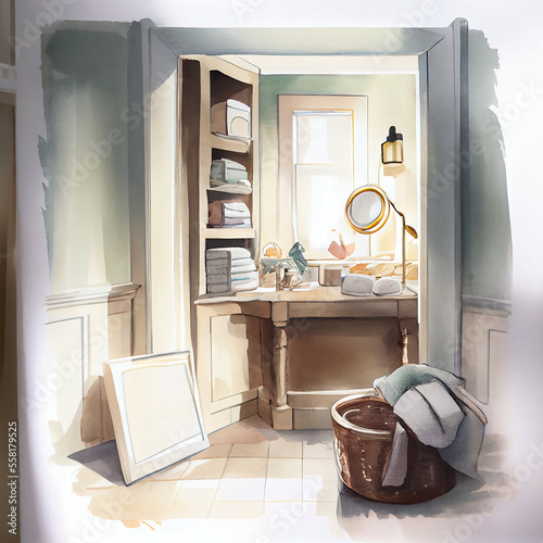 Stylish bathroom interior with a full hamper in the corner and makeup toiletries watercolor painting architectural illustration in muted colors