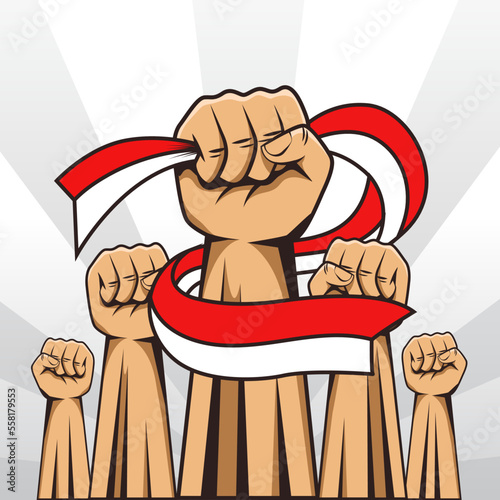 Diversity Unity, Patriotism Fist Hands Holding Flag, Spirit of Indonesia, Dirgahayu Republic of indonesia Illustration, Vector, Unity in Diversity, five fist hands 