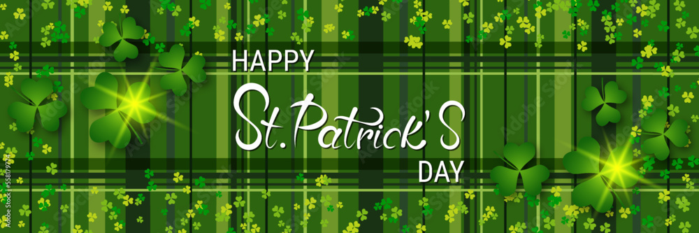 Fototapeta premium St.Patrick's Day vector banner template. Green plaid background with colorful clover leaves 