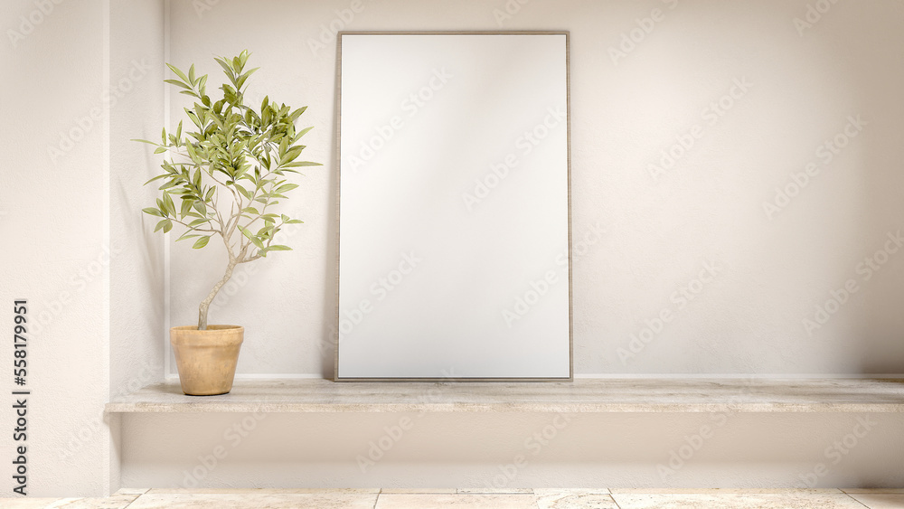 Interior wall with empty space, plants, and frame mockup for product presentation and media advertising, minimalist Mediterranean interior concept, and contemporary interiors. 3d rendering Interior wall with empty space, plants, and frame mockup for product presentation and media advertising, minimalist Mediterranean interior concept, and contemporary interiors. 3d rendering