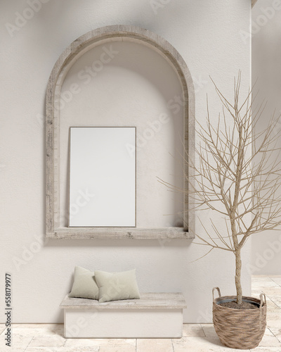 Fotografi Interior wall of a curved building with frame mockup and plants