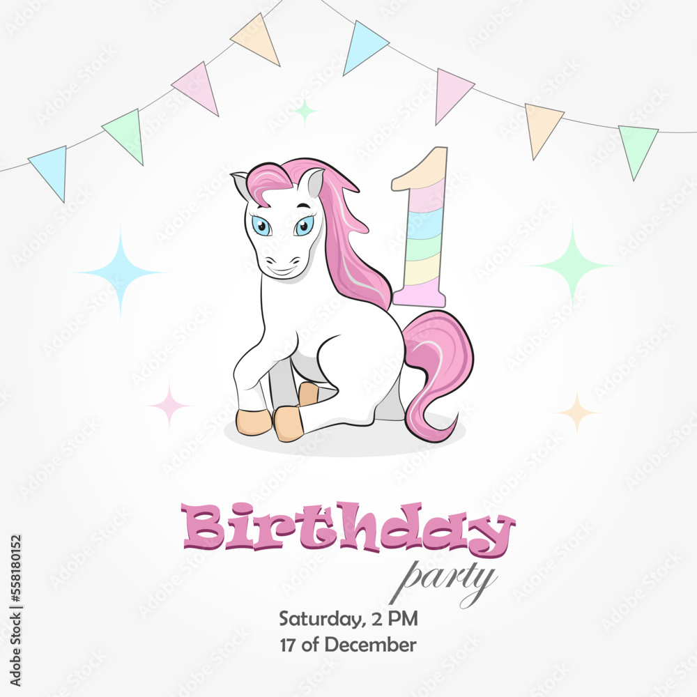 Invitation to a birthday party of 1 year old with a pony, holiday flags and the number 1. Vector illustration Invitation to a birthday party of 1 year old with a pony, holiday flags and the number 1. Vector illustration