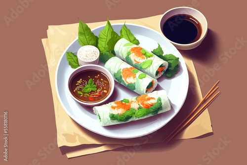 Vegetarian vietnamese spring rolls with sauce, carrot, cucumber, rice noodles, cilantro, mint, peanut sauce, soy sauce. Generative AI.