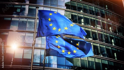 Close up of waving EU flags, slow motion. Brussels, Belgium. 4K photo