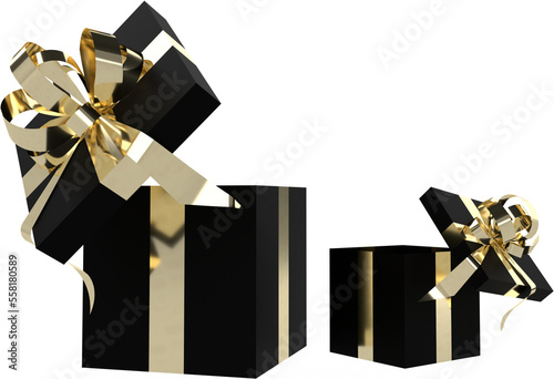 3d render of isolated open gift boxes in black color with gold ribbons and bows.