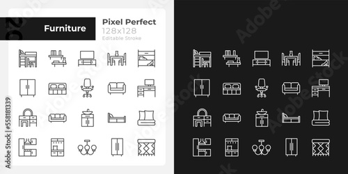 Furniture department pixel perfect linear icons set for dark, light mode. Furnishing for living room, bedroom. Homeware. Thin line symbols for night, day theme. Isolated illustrations. Editable stroke
