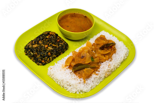 Traditional simple whiterice sambar spinach poriyal mini meals thali lunch combo for one
