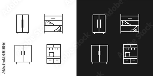 Furniture for clothes and shoes storage pixel perfect linear icons set for dark, light mode. Storage cabinet. Shoe rack. Thin line symbols for night, day theme. Isolated illustrations. Editable stroke