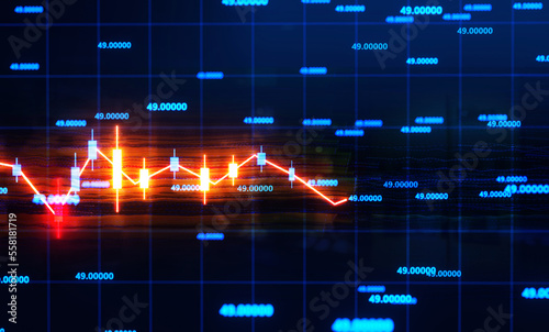 Neon line of financial graphs charts, stock market prices. International trading, Digital marketing. 3D rendering 